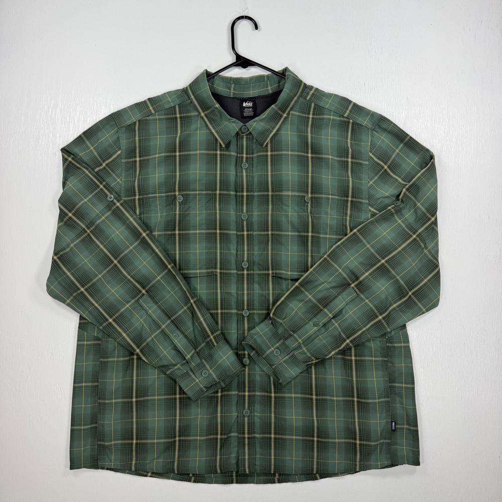 REI Co-op Sahara XXL 100% Nylon Plaid Shirt Green Hiking Outdoor Vented